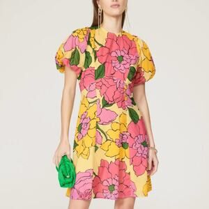 Banjanan Pink Floral Cottage Mini Dress MEDIUM Fit Flare Cotton Puff Sleeve $315